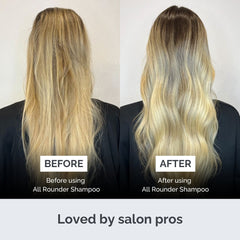 Before and after comparison of hair using All Rounder Shampoo on a plain background.
