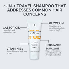 Travel shampoo bottle with labeled ingredients on a white background