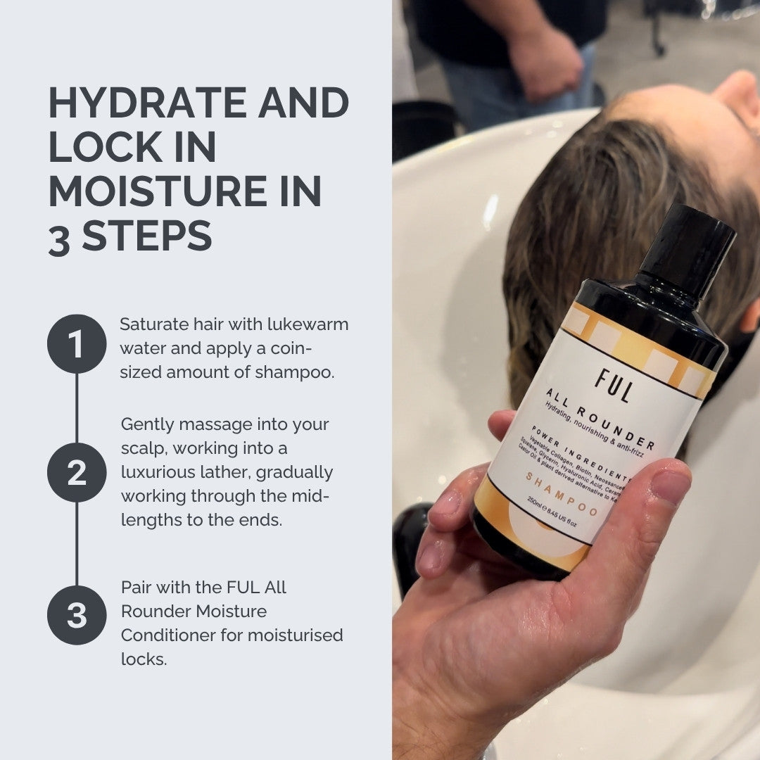 Person holding a bottle of FUL shampoo with instructions on hydrating and locking in moisture.