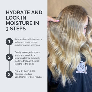 Hair care instructions for hydrating and locking in moisture with a person displaying styled hair.