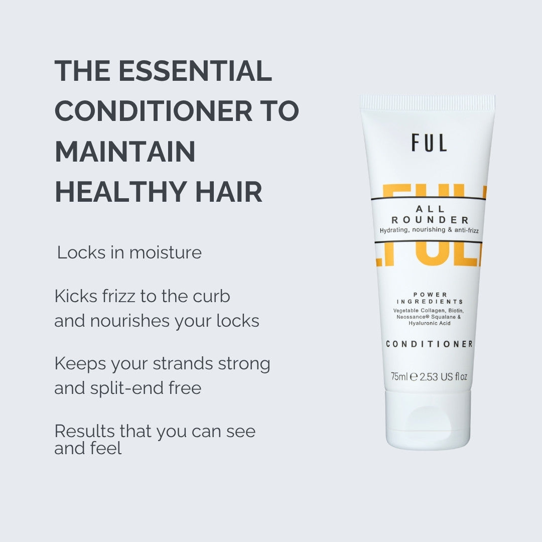 Conditioner bottle with text on a light gray background