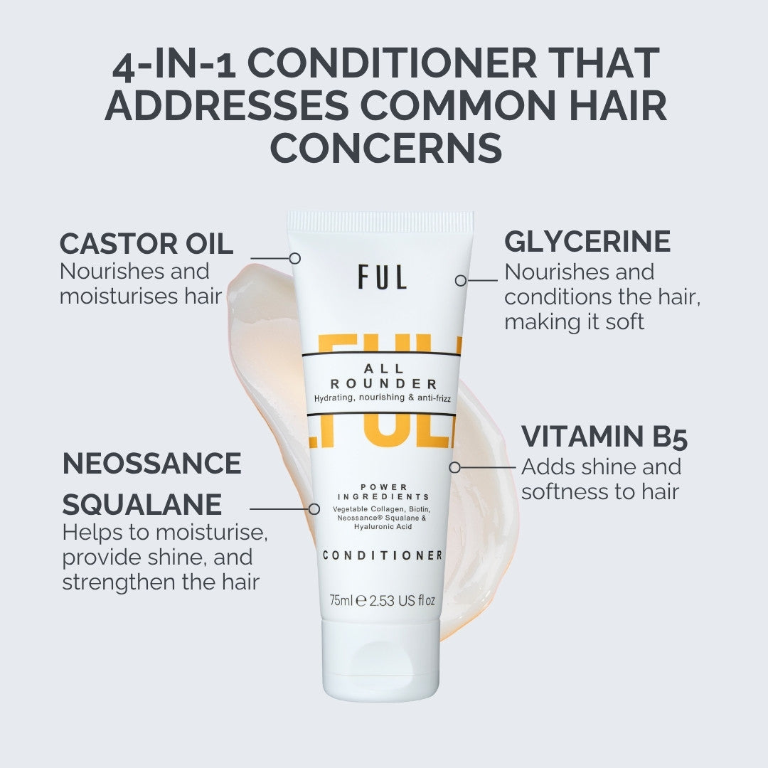 Conditioner bottle with ingredients listed on a white background