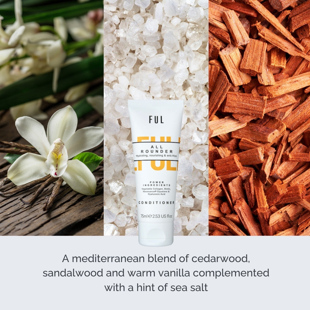 Ful All Rounder conditioner bottle with sandalwood, cedarwood, and vanilla imagery