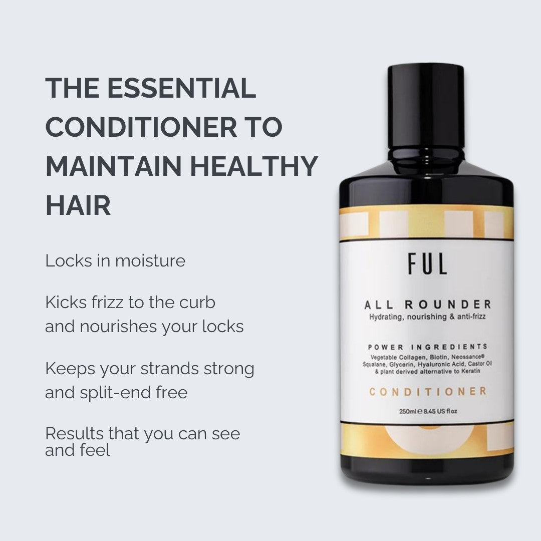 Bottle of FUL All Rounder Conditioner with text on a light gray background