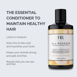 Bottle of FUL All Rounder Conditioner with text on a light gray background