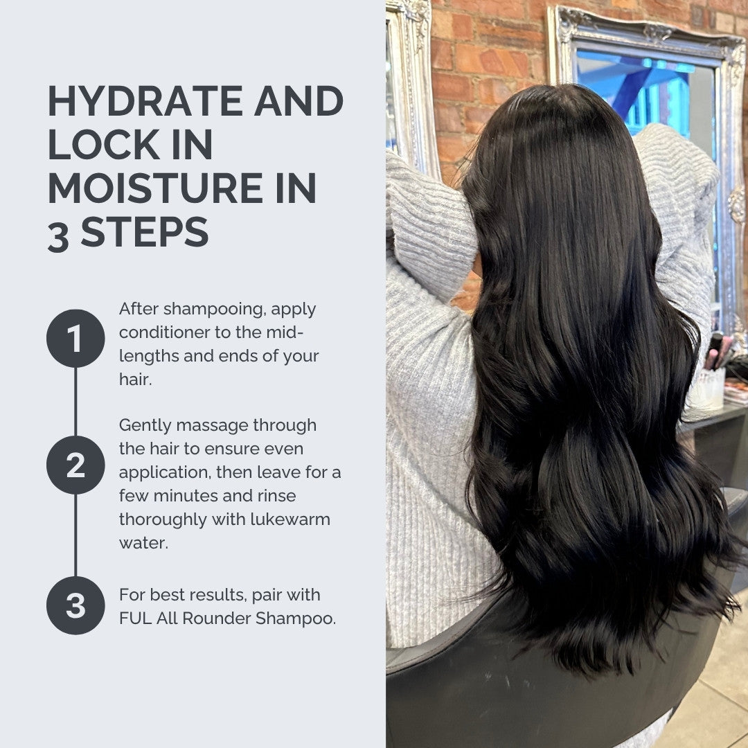Hair care instruction graphic with a person getting a haircut and text on hydrating hair.