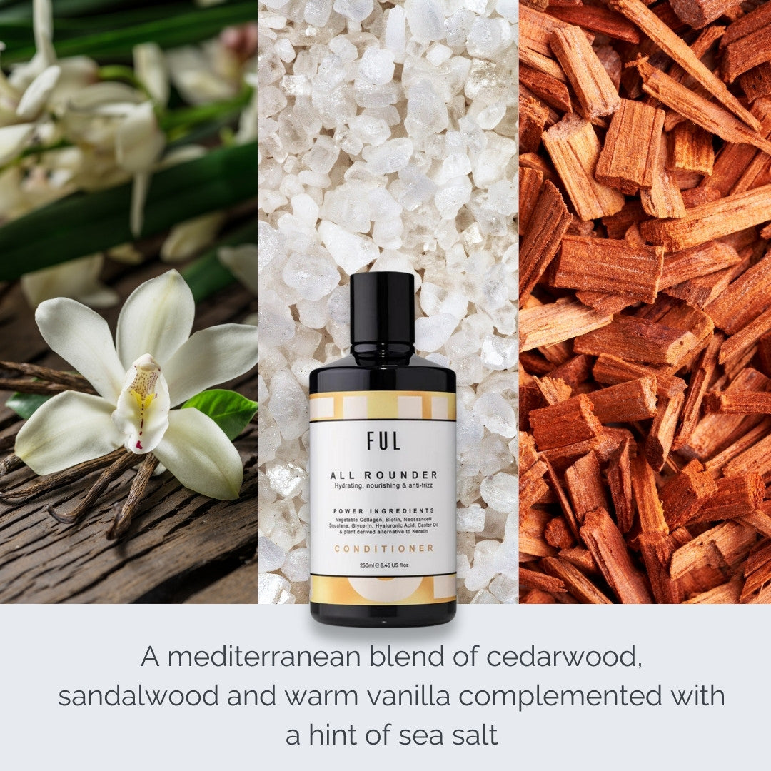 Bottle of FUL All Rounder conditioner surrounded by sandalwood, vanilla flowers, and cedarwood.