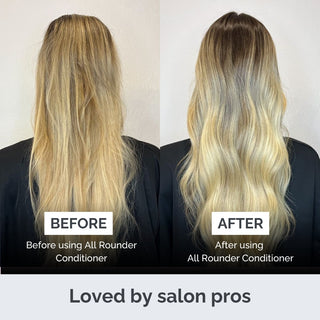 Before and after comparison of hair using All Rounder Conditioner with a neutral background.