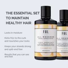 FUL shampoo and conditioner bottles with text on a light gray background