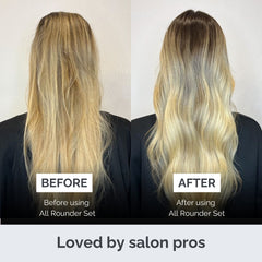 Before and after comparison of hair using All Rounder Set with a neutral background.
