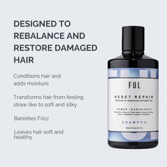 FUL Reset Repair shampoo bottle with text on a light gray background