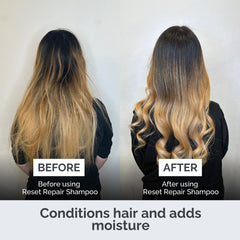 Before and after comparison of hair using Reset Repair Shampoo on a plain background.