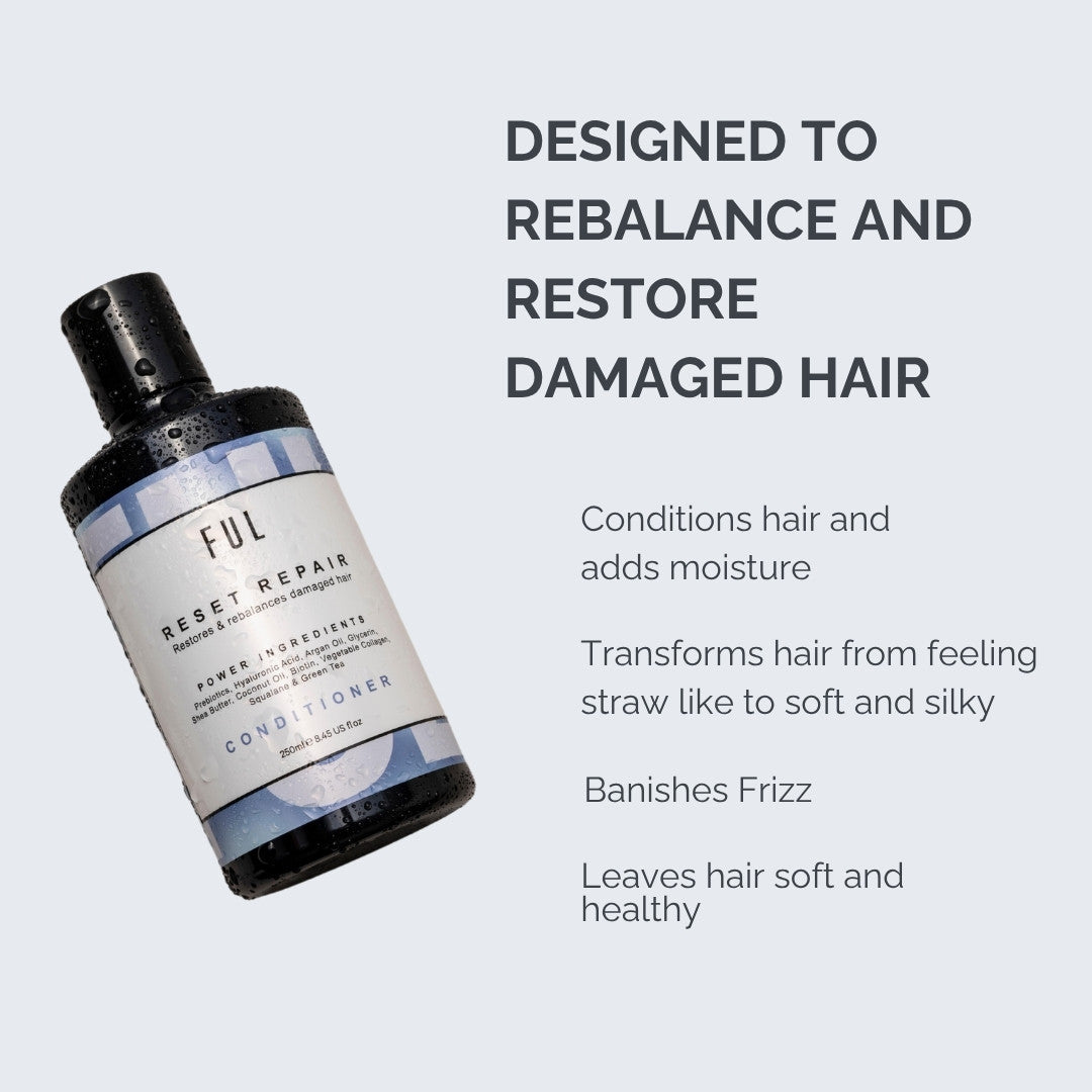 Hair conditioner bottle with text highlighting its benefits on a light gray background