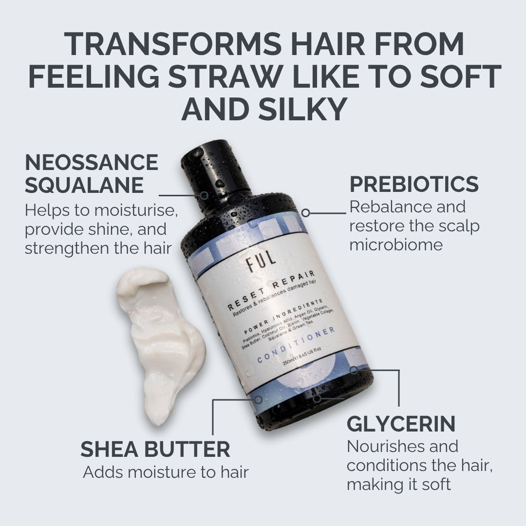 Conditioner bottle with text highlighting ingredients and benefits on a white background