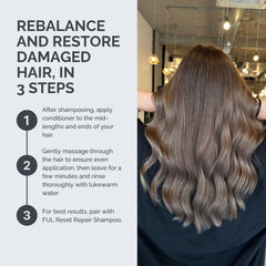 Hair care instructions for rebalancing and restoring damaged hair with a person displaying healthy hair.