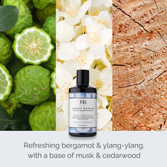 Bottle of FUL conditioner surrounded by bergamot, ylang-ylang, musk, and cedarwood elements.