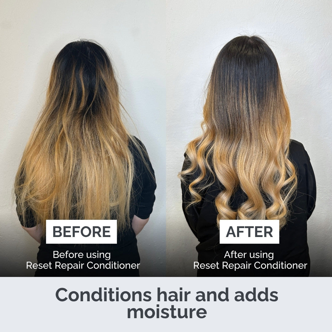Before and after comparison of hair using Reset Repair Conditioner on a plain background.