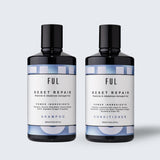 Two bottles of FUL Reset Repair Shampoo and Conditioner on a light gray background