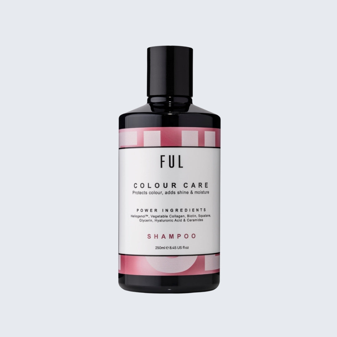 Shampoo bottle with 'FUL' label on a light gray background
