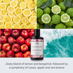 Collage of lemons, limes, apples, and a bottle of FUL shampoo with descriptive text.