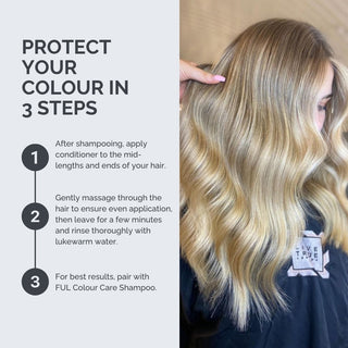 Hair care instructions for blonde hair with a person holding styled hair.