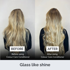 Before and after comparison of hair using Colour Care Conditioner with a plain background.