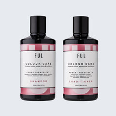 Two bottles of FUL Colour Care Shampoo and Conditioner on a light gray background
