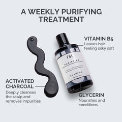 Shampoo bottle with text detailing weekly purifying treatment ingredients on a white background
