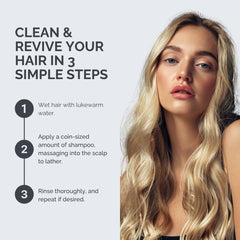 Woman with long blonde hair next to instructions on cleaning and reviving hair.