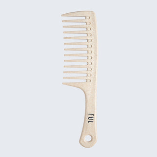 Wooden comb with 'FUL' branding on a light gray background