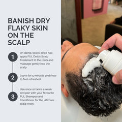 Person applying scalp treatment with text on how to use it, set against a bathroom background.