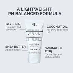 Hair mask with ingredients labeled on a gray background