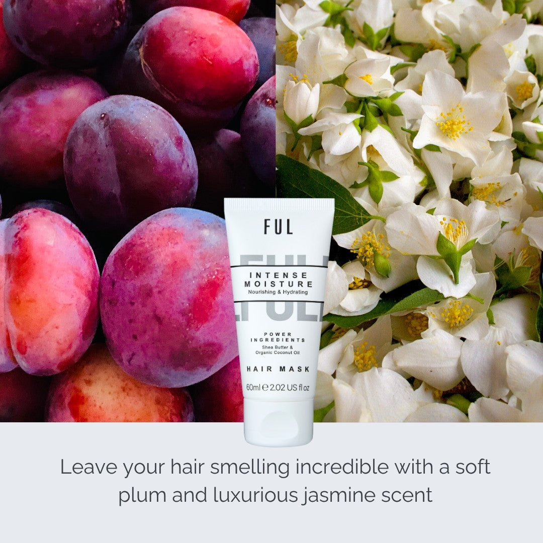 Ful Intense Moisture hair mask with plums and jasmine flowers on a white background