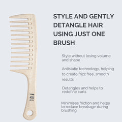 Wooden comb with text on a light gray background