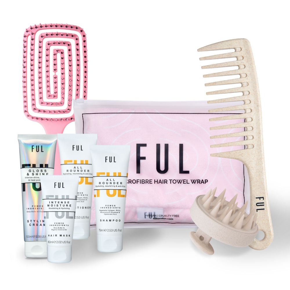 FUL hair care product set with a paddle brush, towel, and comb on a white background