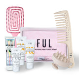 FUL hair care product set with a paddle brush, towel, and comb on a white background