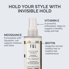 Ful styling spray bottle with product features highlighted on a white background