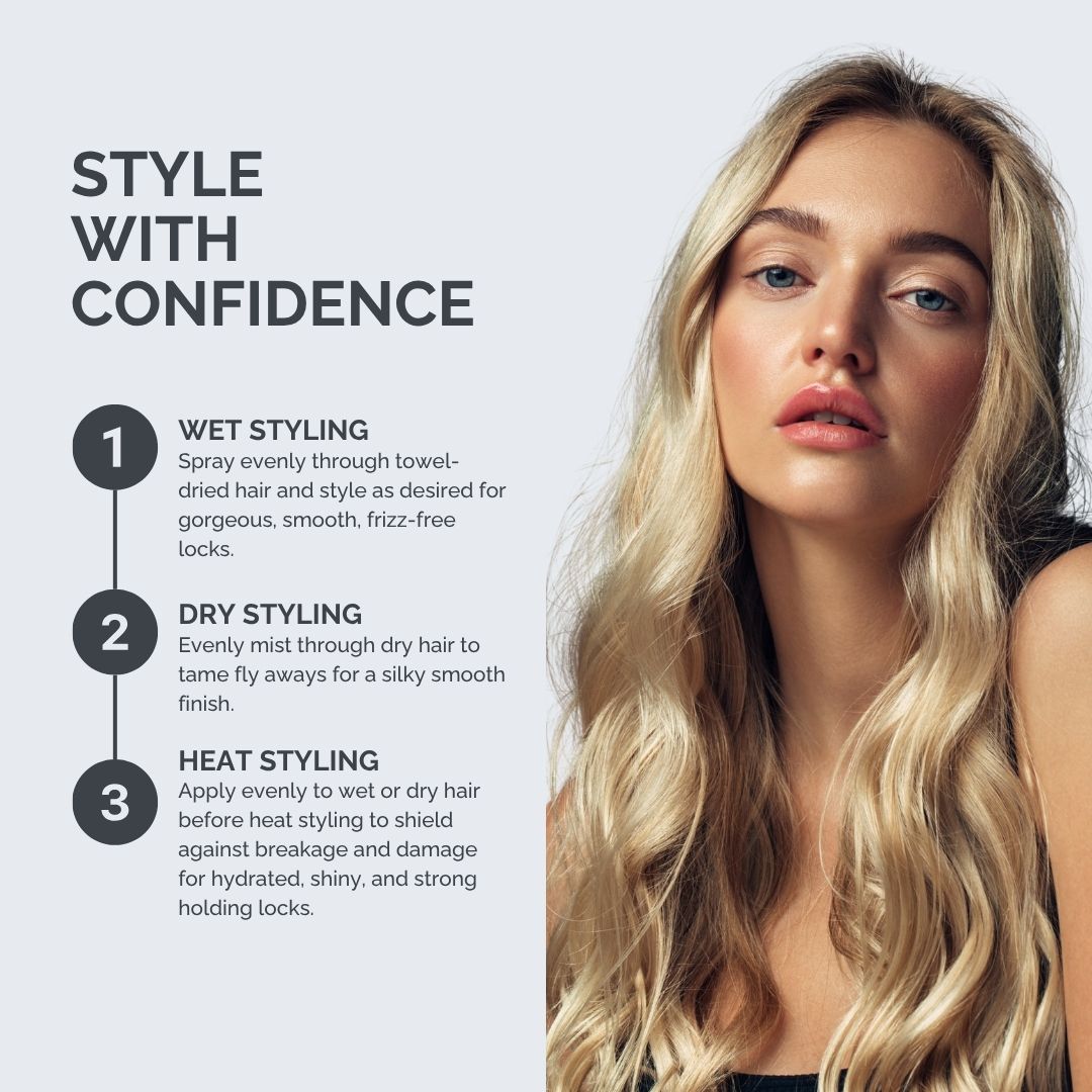 Woman with styled blonde hair and hair care instructions on a white background