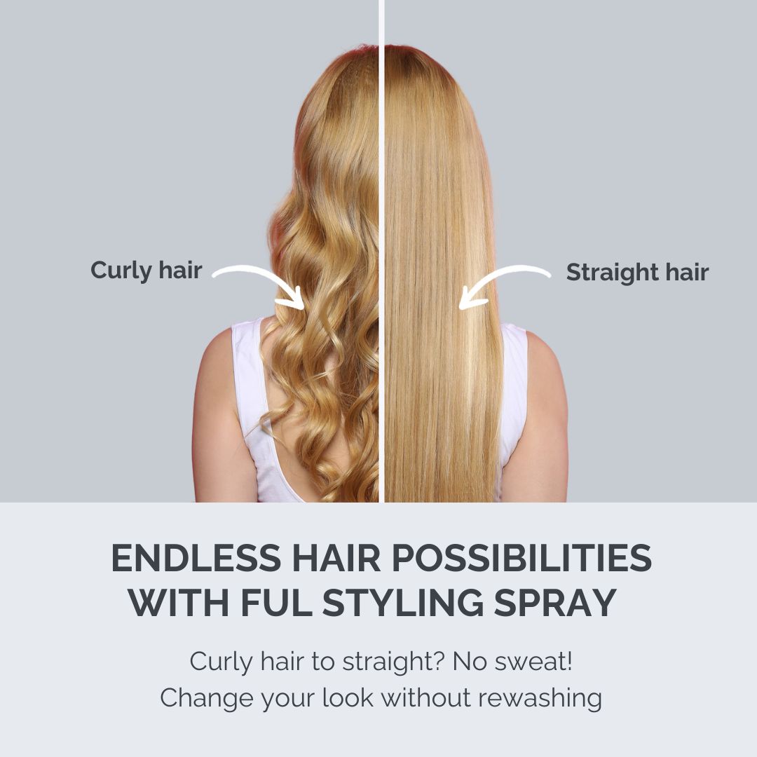 Comparison of curly and straight hair with text about a styling spray.