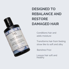 Hair conditioner bottle with text highlighting its benefits on a light gray background