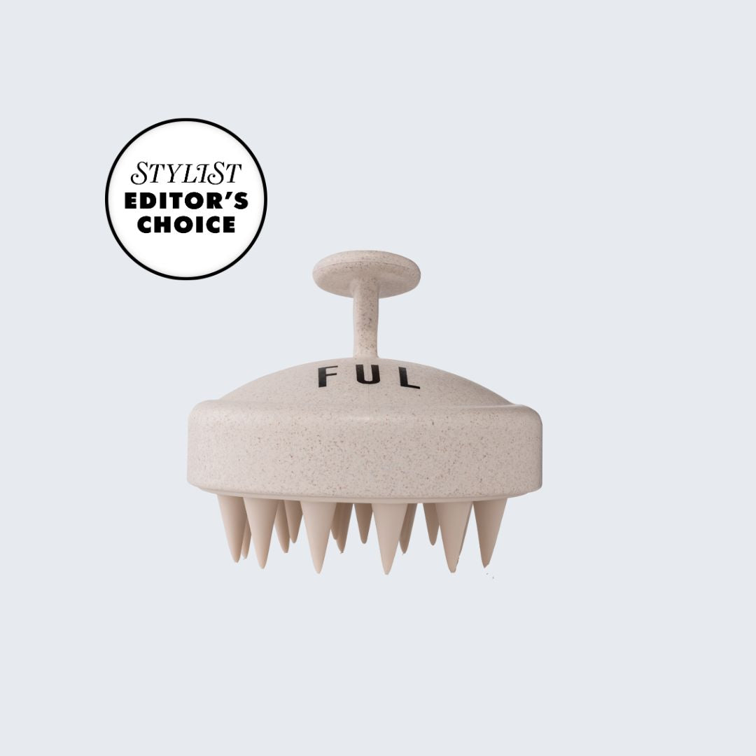 Beige scalp massager with 'FUL' branding on a light gray background, featuring 'Stylist Editor's Choice' badge.