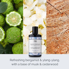 Shampoo bottle with natural ingredients and wood texture