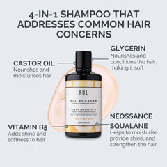 Shampoo bottle with ingredients labeled on a white background