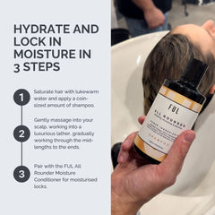 Person holding a bottle of FUL shampoo with instructions on hydrating and locking in moisture.