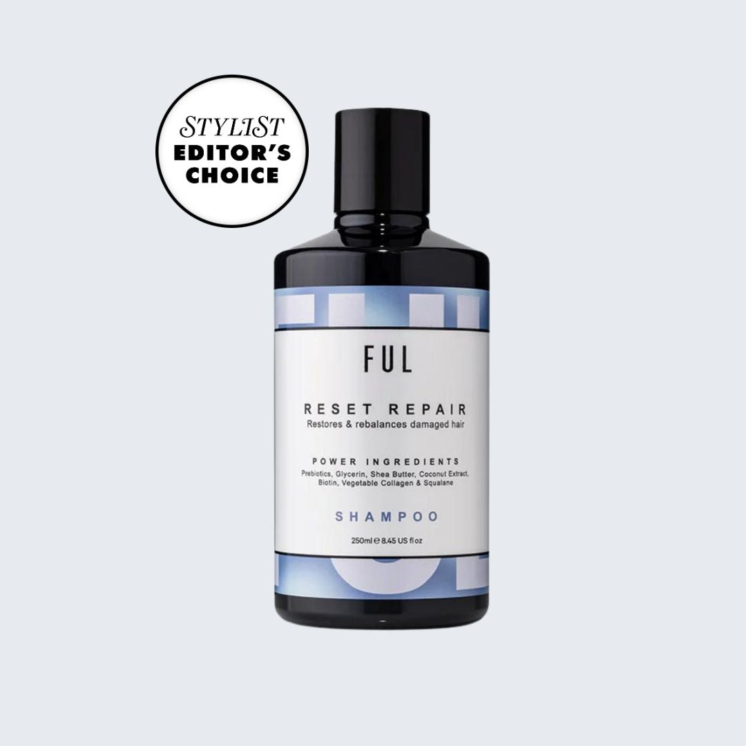 FUL Reset Repair shampoo bottle with 'Stylist Editor's Choice' label on a light gray background