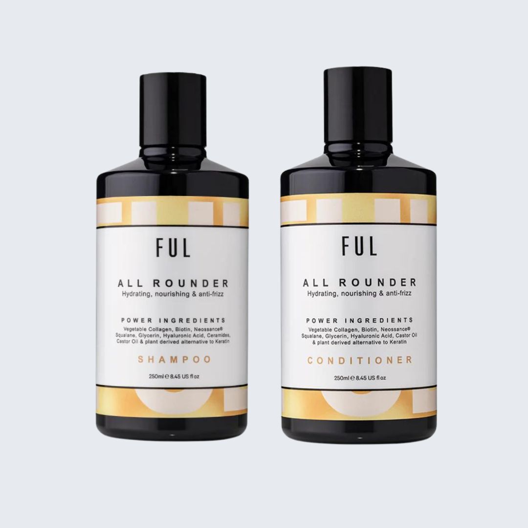 Two bottles of FUL All Rounder shampoo and conditioner on a light gray background