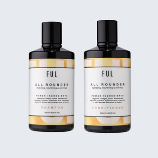 Two bottles of FUL All Rounder shampoo and conditioner on a light gray background